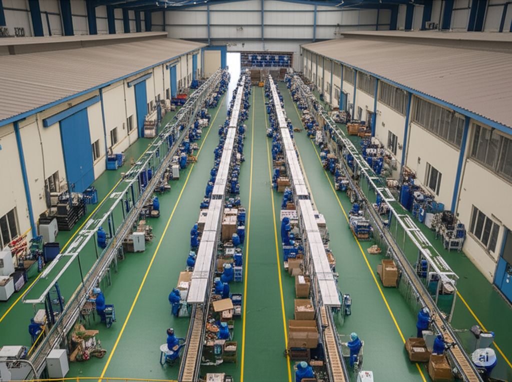 Lightyear Infratech's state-of-the-art manufacturing facility with production lines and workers in blue uniforms